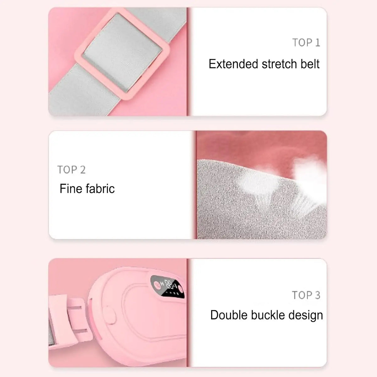 Three features of a portable menstrual heating pad: extended stretch belt, fine fabric, and double buckle design.