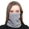 A young woman wearing a gray seamless fabric balaclava or neck gaiter.
