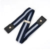 A navy blue and white striped elastic belt for jeans and pants.