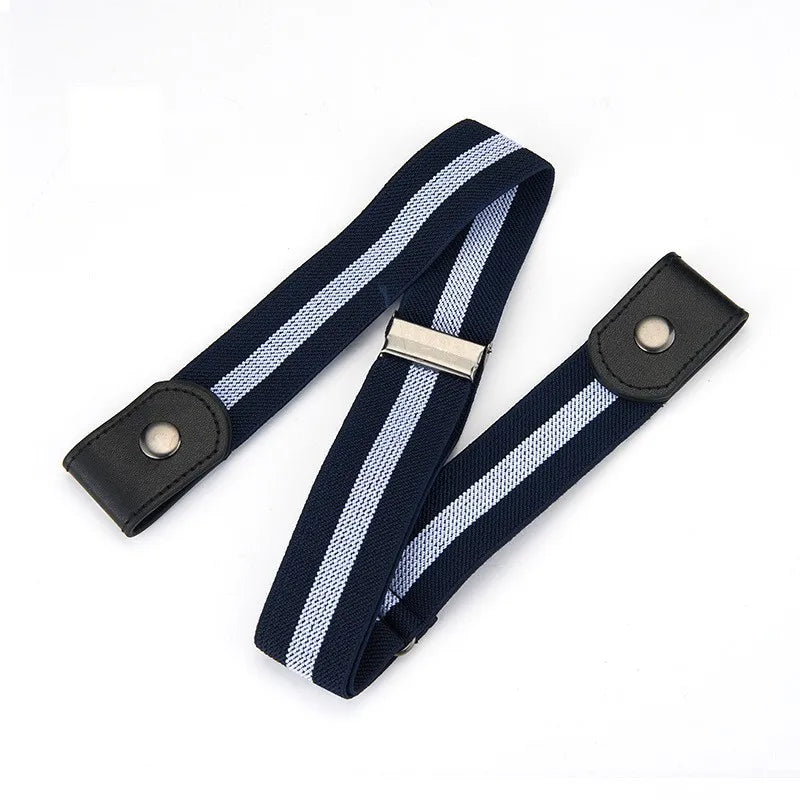 A navy blue and white striped elastic belt for jeans and pants.
