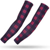 A pair of dark purple sports arm sleeves with a red checkered pattern.