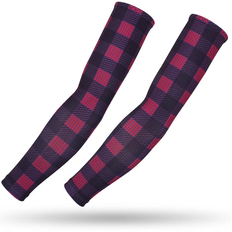 A pair of dark purple sports arm sleeves with a red checkered pattern.