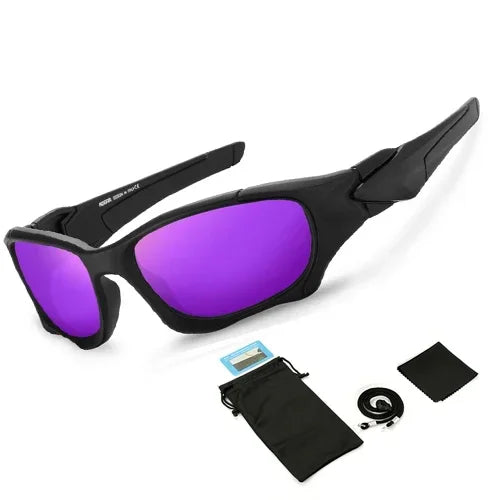 Black polarized sports sunglasses with purple lenses and a black storage pouch