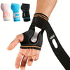 A hand wearing a black wrist palm support brace, shown next to various colored silicone braces.