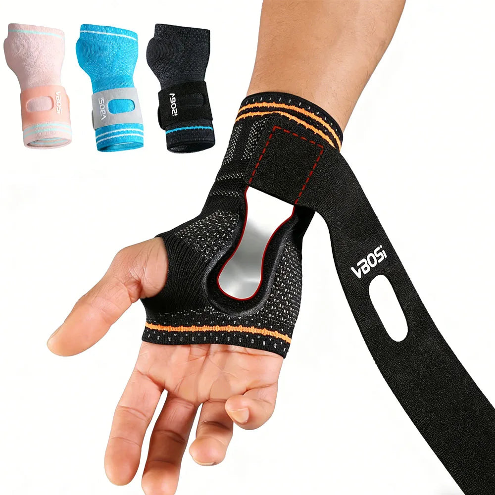 A hand wearing a black wrist palm support brace, shown next to various colored silicone braces.