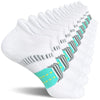 A stack of white women's performance ankle socks with black and light blue stripes, shown from the side.