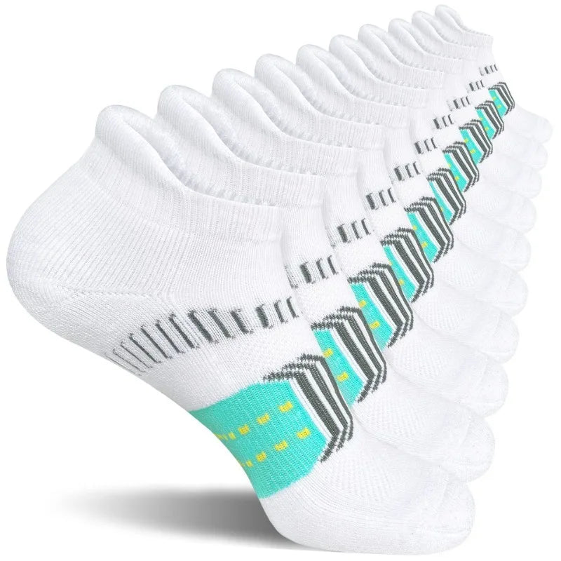 A stack of white women's performance ankle socks with black and light blue stripes, shown from the side.