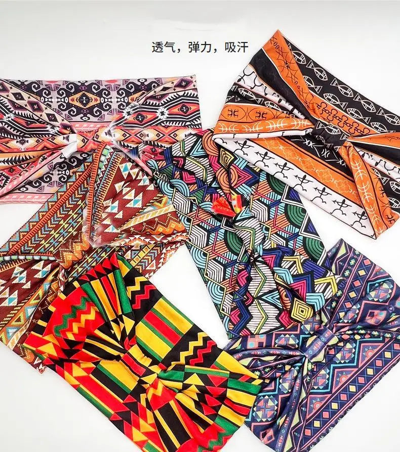 A collection of colorful bohemian stretch cotton headbands featuring geometric patterns and vibrant colors.