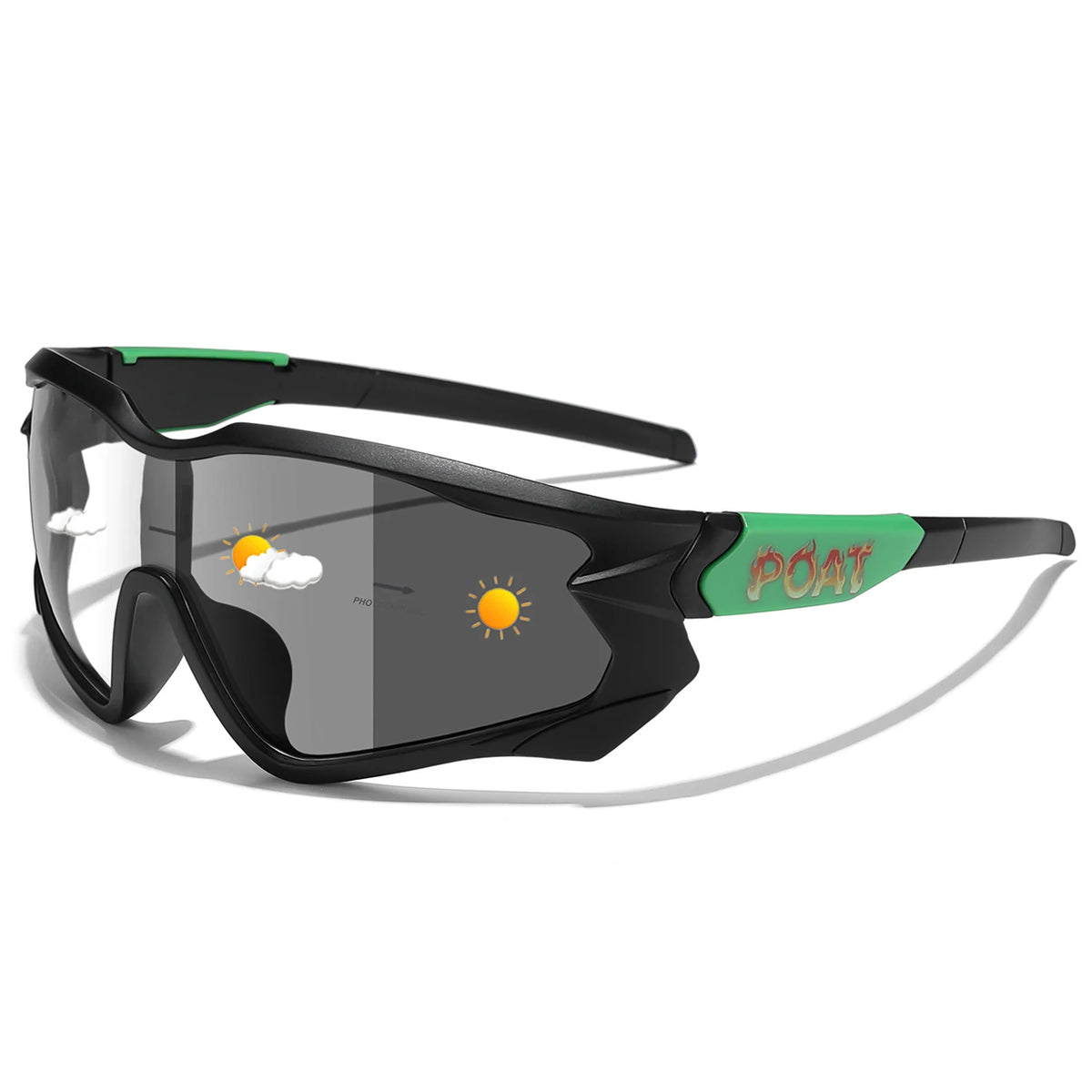 A pair of black photochromic sports sunglasses with green accents resting on a white background.