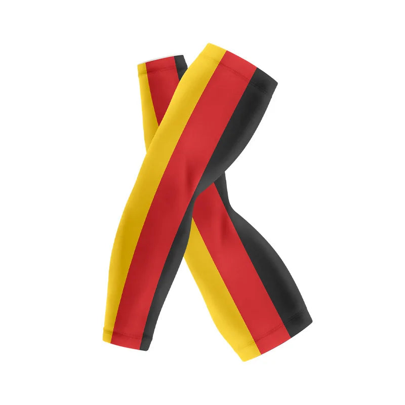 Yellow, red, and black striped arm sleeves for sports and sun protection