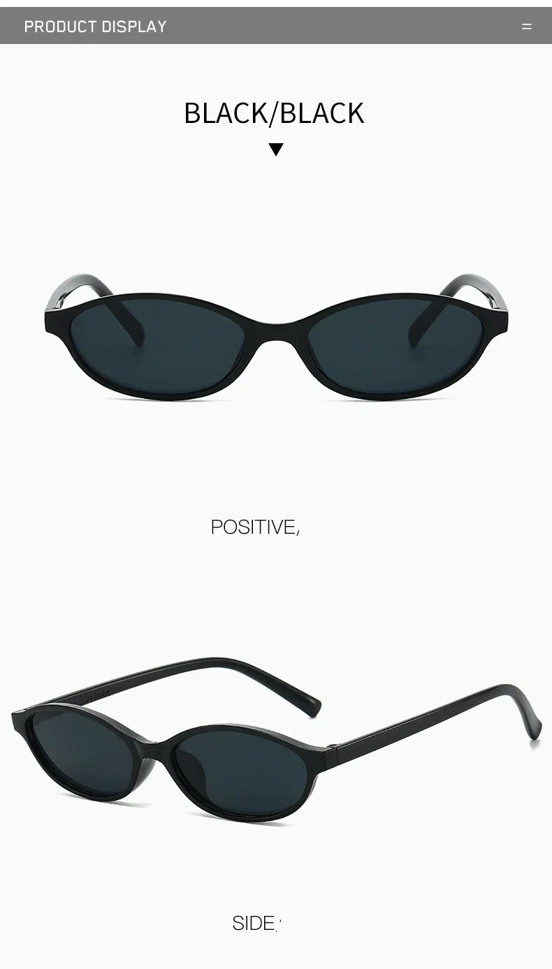 Black sunglasses with a retro oval frame shown from the front and side.