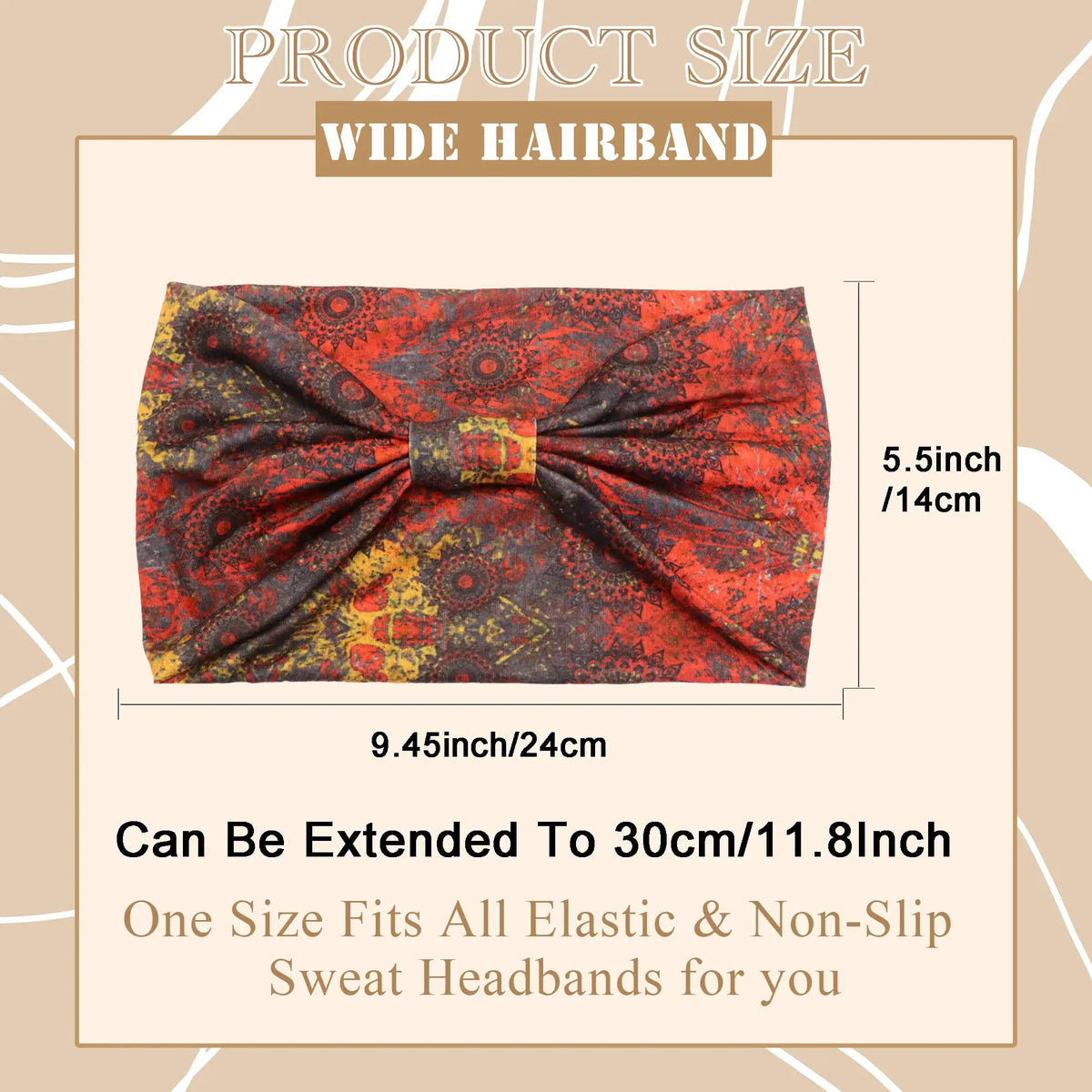 A red and black patterned wide hairband tied in a bow, shown flat.