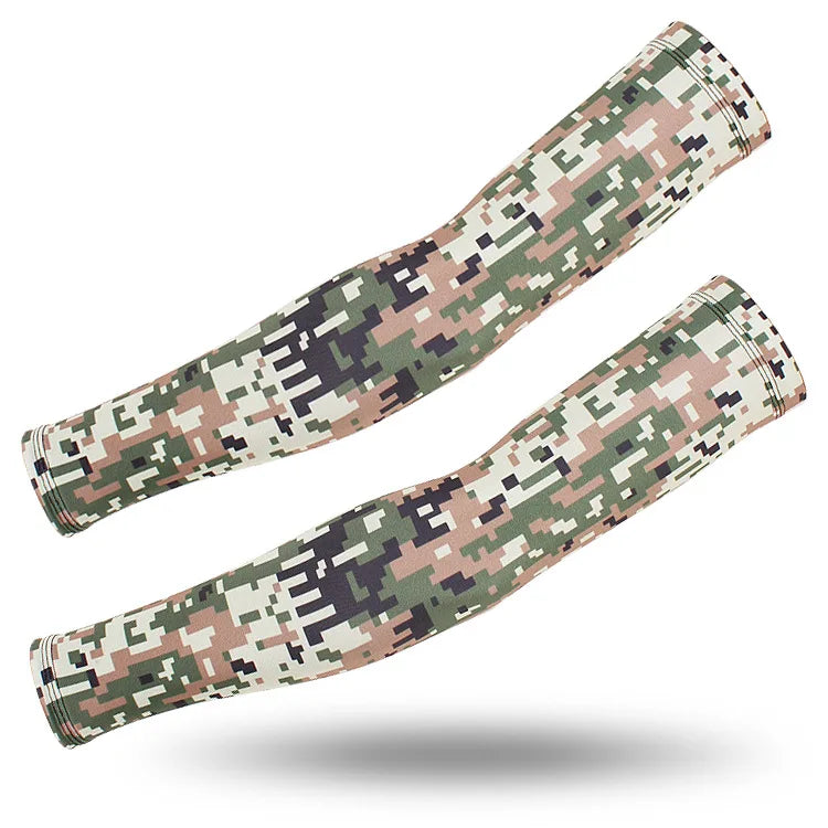 A pair of tactical camouflage arm sleeves designed for UV protection.