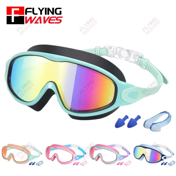 A collection of colorful kids swim goggles with anti-fog and UV protection features.