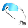 A pair of blue polarized sports sunglasses with white frames and a black temple shown in use.