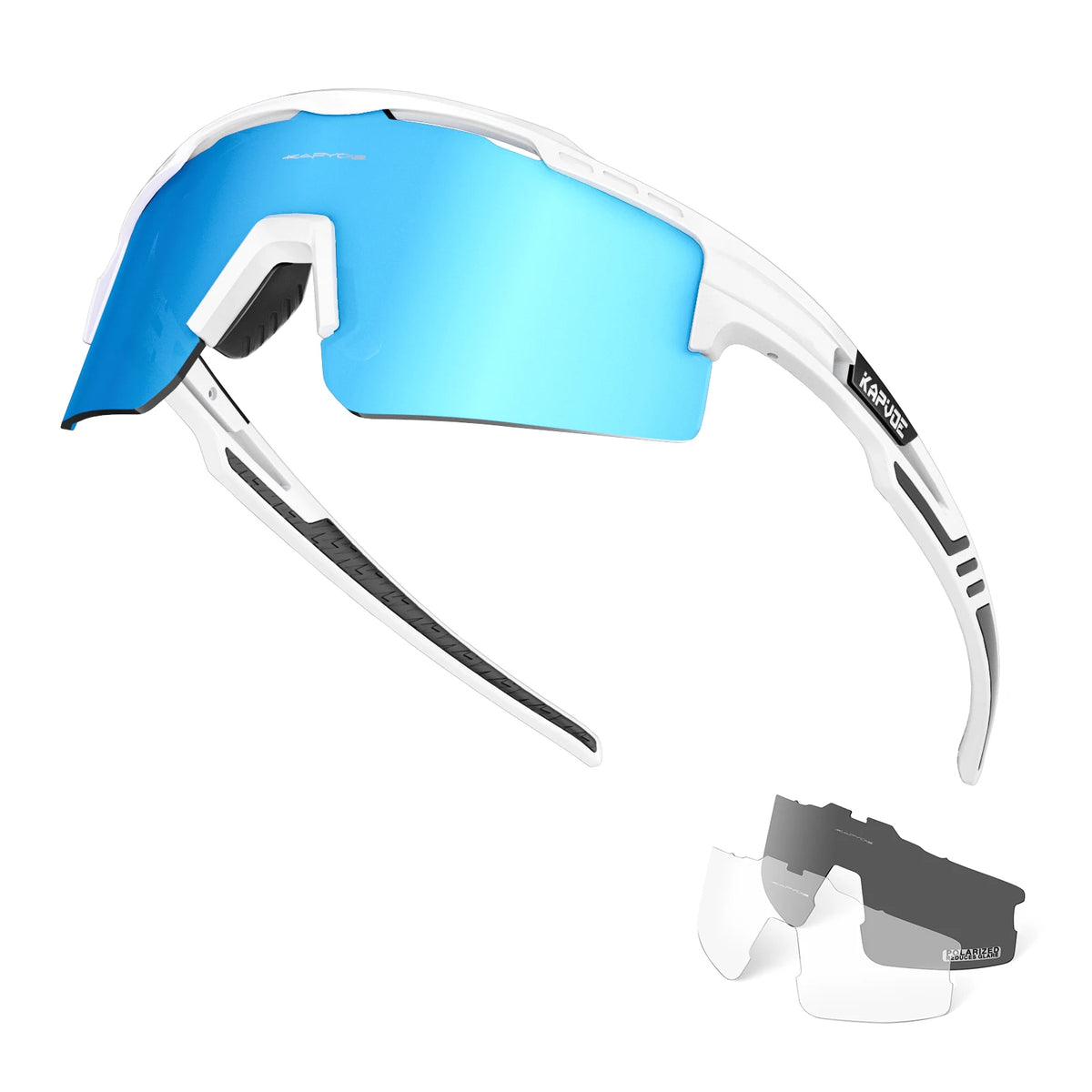A pair of blue polarized sports sunglasses with white frames and a black temple shown in use.