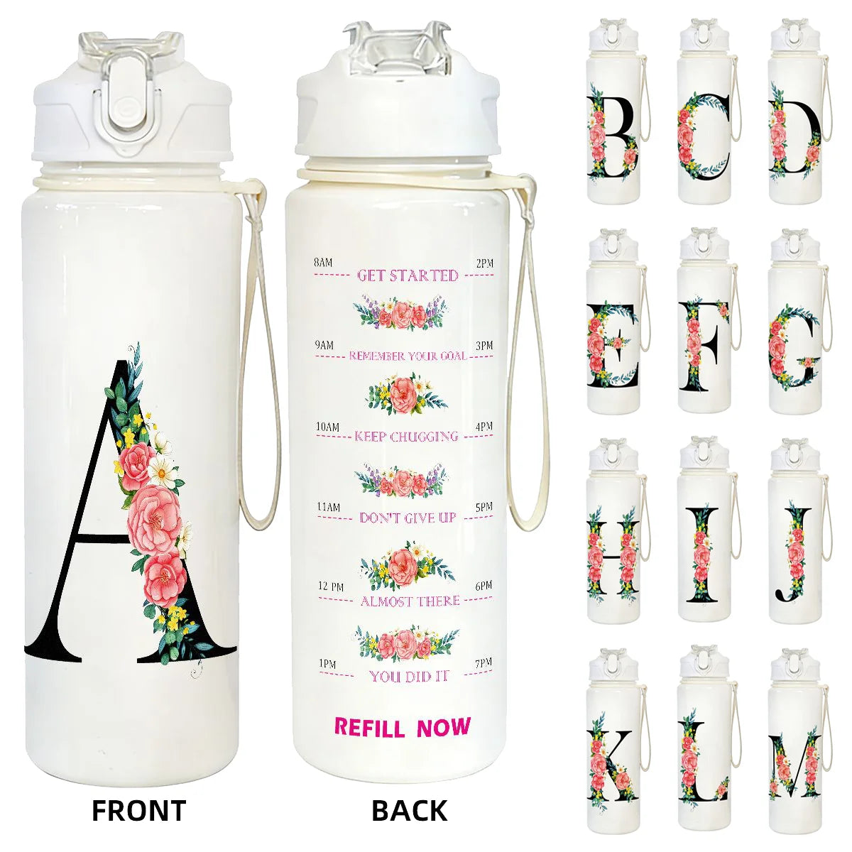 Front and back views of a white insulated straw tumbler featuring the letter A and D, with various floral designs.