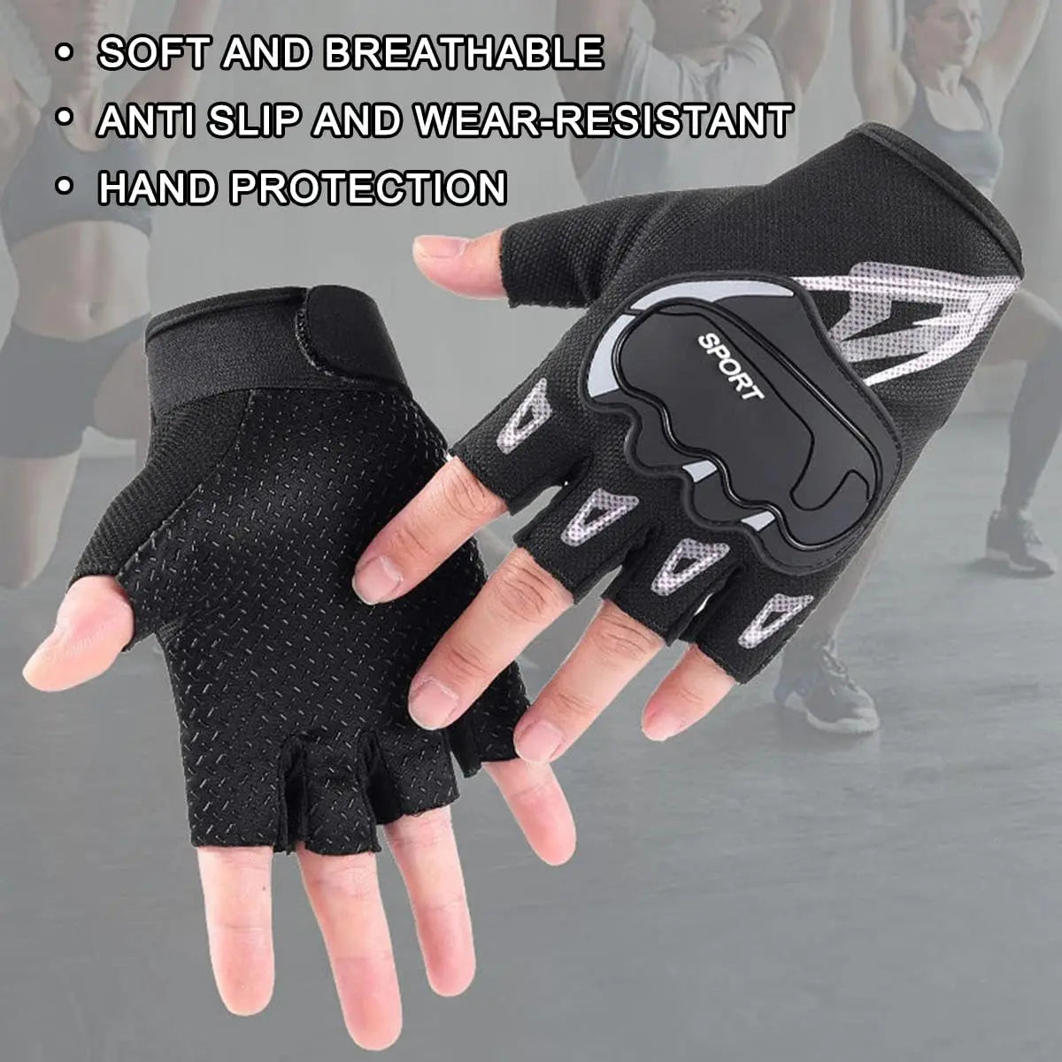 Black soft and breathable half-finger sports gloves for hand protection
