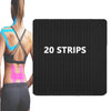A black sheet of professional kinesiology tape with 20 strips is shown next to a person demonstrating its application on thei