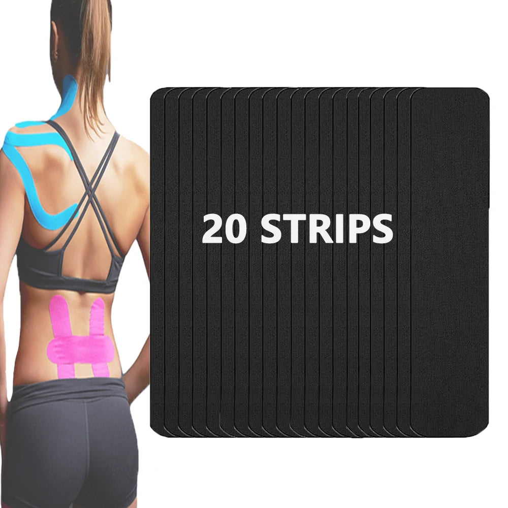 A black sheet of professional kinesiology tape with 20 strips is shown next to a person demonstrating its application on thei