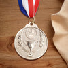 A round gold sports achievement medal with the number 2 and laurel wreaths, suspended from a red, white, and blue ribbon.