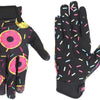 Gants de motocross noirs avec motifs de confettis rose néon et jaune sur les paumes et les doigts.