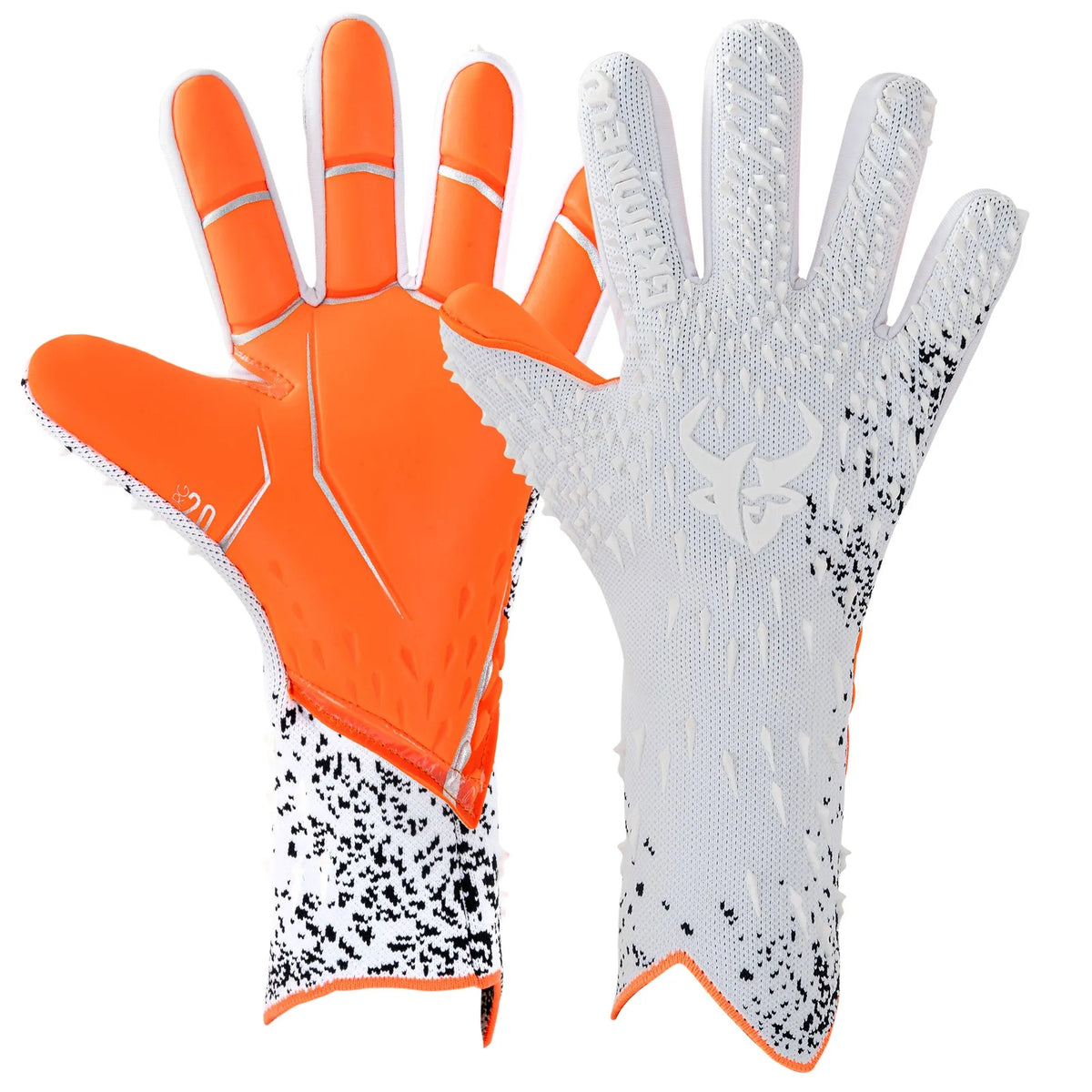 A pair of bright orange and white goalkeeper gloves shown against a white background.