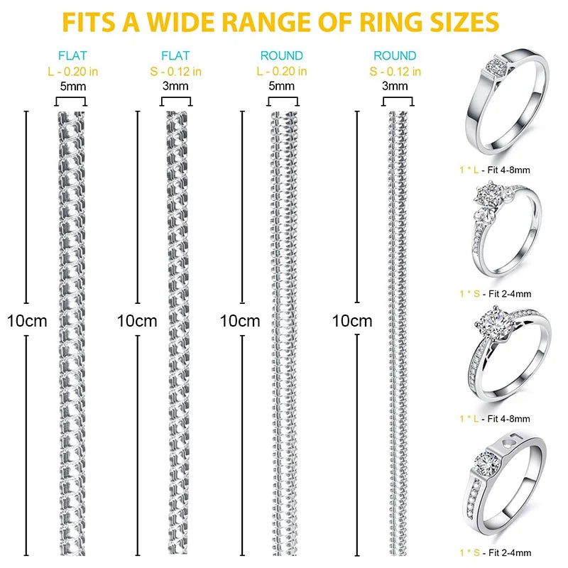 A set of invisible ring sizer tools showing various flat and round ring sizes for rings.