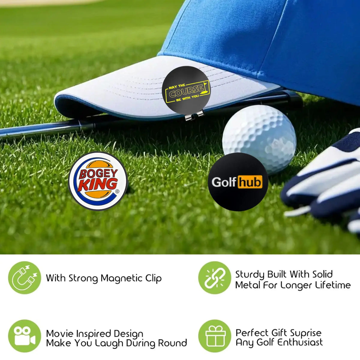 A blue golf hat with magnetic clips and a white golf ball on a green field.