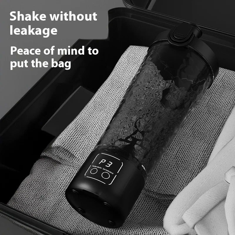 A black electric shaker bottle is placed in a gray fabric bag inside a dark container.