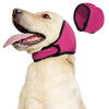 A light-colored dog is wearing a pink noise reduction ear muff on its head.
