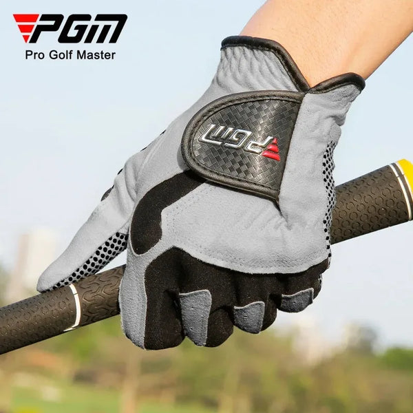 A close-up of a gray golf glove with black accents and a red logo, being held onto a golf club shaft.