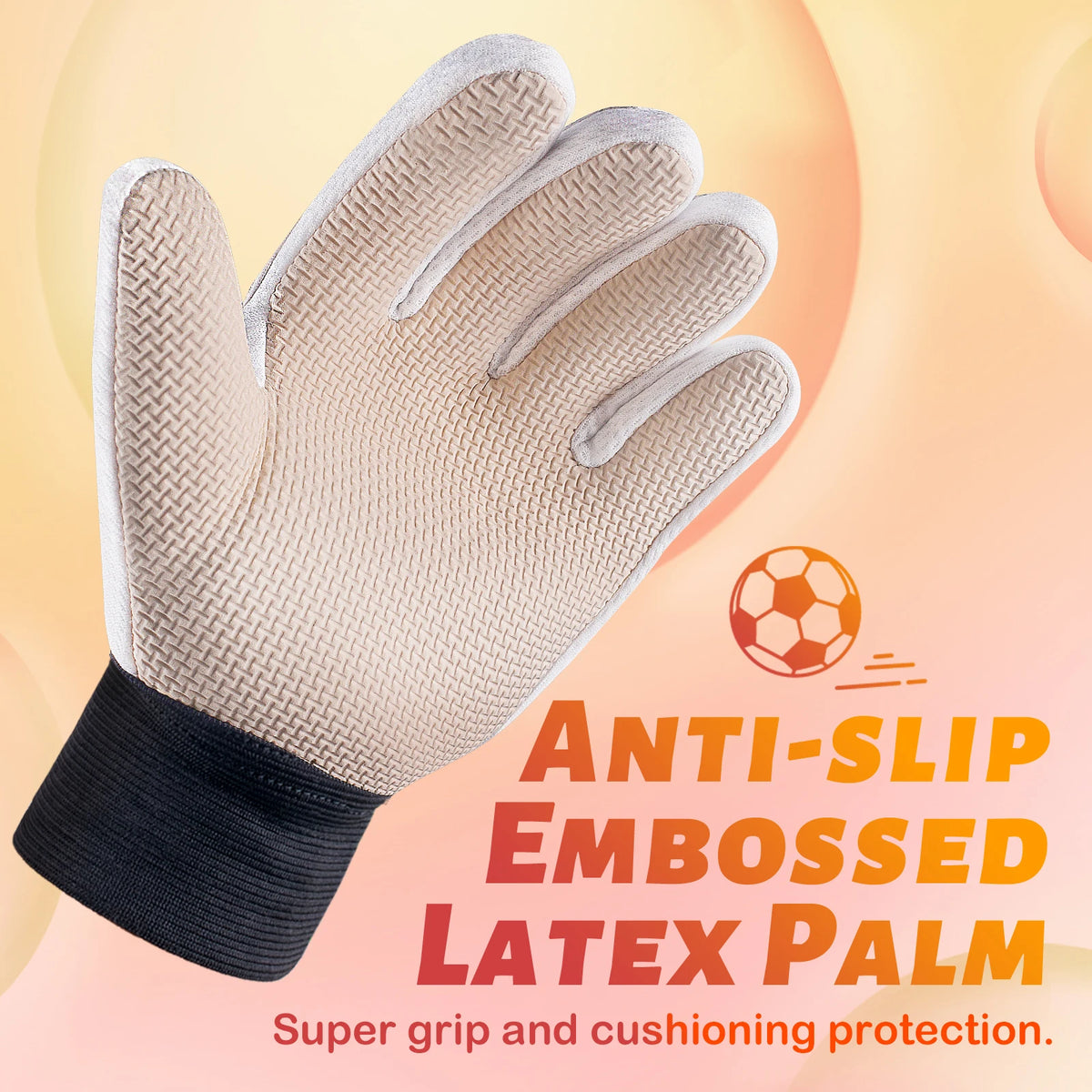 A close-up of a beige anti-slip embossed latex palm goalie glove with black wrist protection.