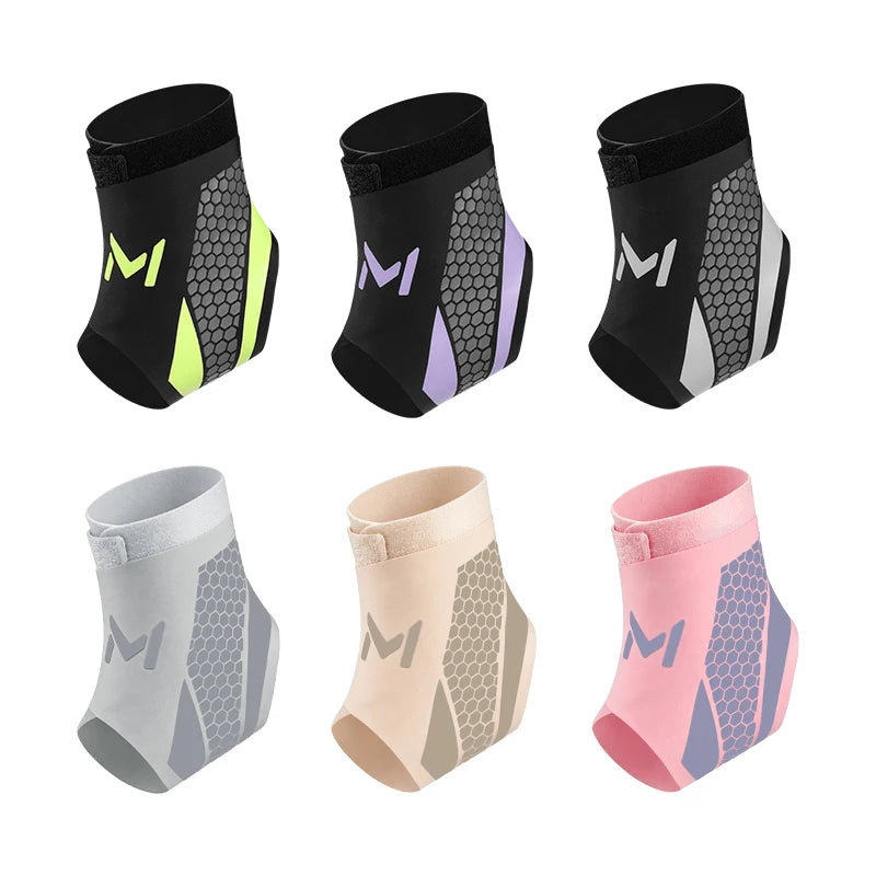 A set of four compression ankle support foot sleeves in black, gray, purple, and pink.