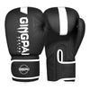 A pair of black boxing training gloves with white accents shown against a white background.