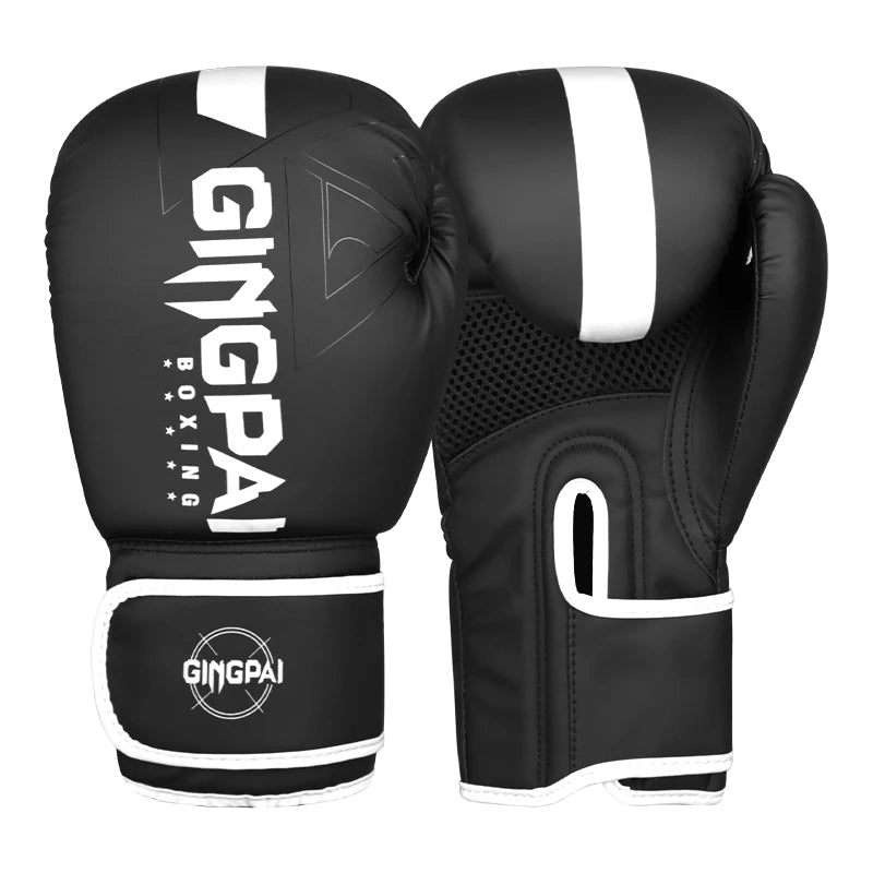 A pair of black boxing training gloves with white accents shown against a white background.