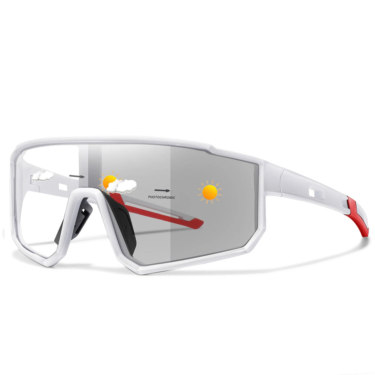 A pair of white photochromic sports sunglasses shown in a side view with an illustration of light changing intensity.