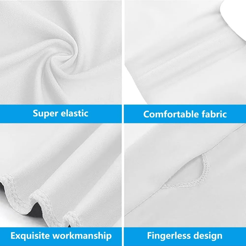 Close-up views of white ice silk sun protection arm sleeves highlighting super elastic fabric, comfortable texture, exquisite