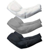 Three arm sleeves in white, gray, and black showing different shades of sun protection for the arm.
