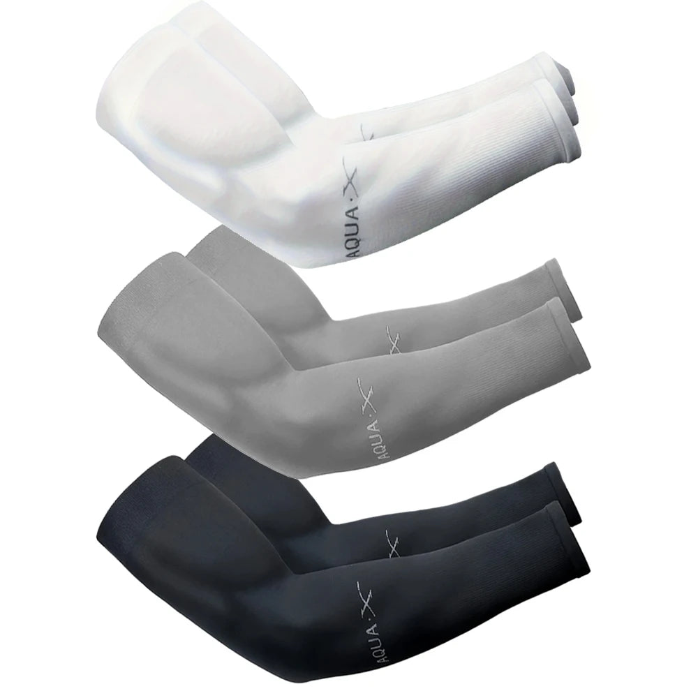 Three arm sleeves in white, gray, and black showing different shades of sun protection for the arm.