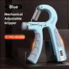 A blue mechanical adjustable gripper hand strengthener tool shown in a close-up view.