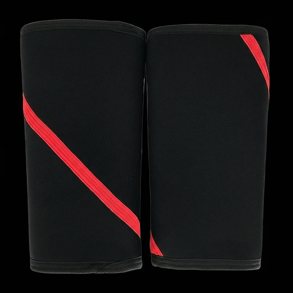 Une paire de genouillères de levage noires avec des accents rouges montrées côte à côte.