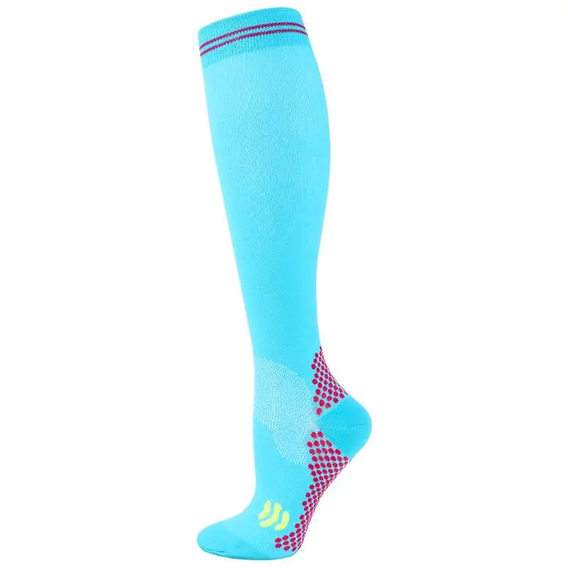 A close-up view of a bright blue medical grade compression sock on a white background.