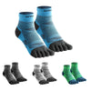 A set of blue and black high-performance five-finger compression socks shown from the top and side.