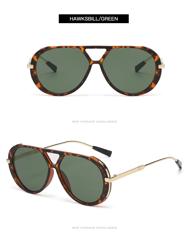 Hawksbill/green sunglasses with tortoiseshell frames and gold accents.