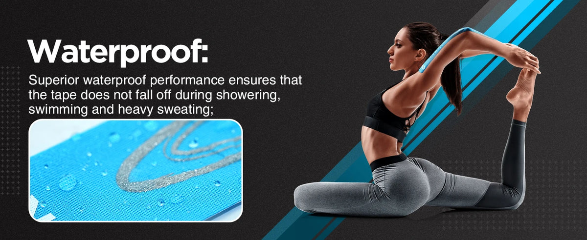 A woman demonstrates the waterproof performance of kinesiology tape on her leg during exercise.