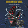 A close-up view of black and red motorcycle racing gloves designed for impact resistance and drop-proof protection.