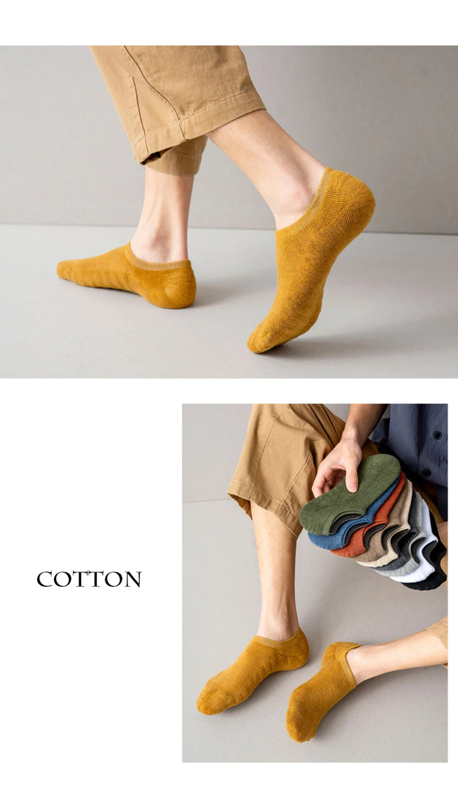 A person wearing mustard yellow cotton crew socks with tan trousers.