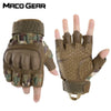 A pair of tactical PU leather touch screen gloves in olive green and camouflage pattern.