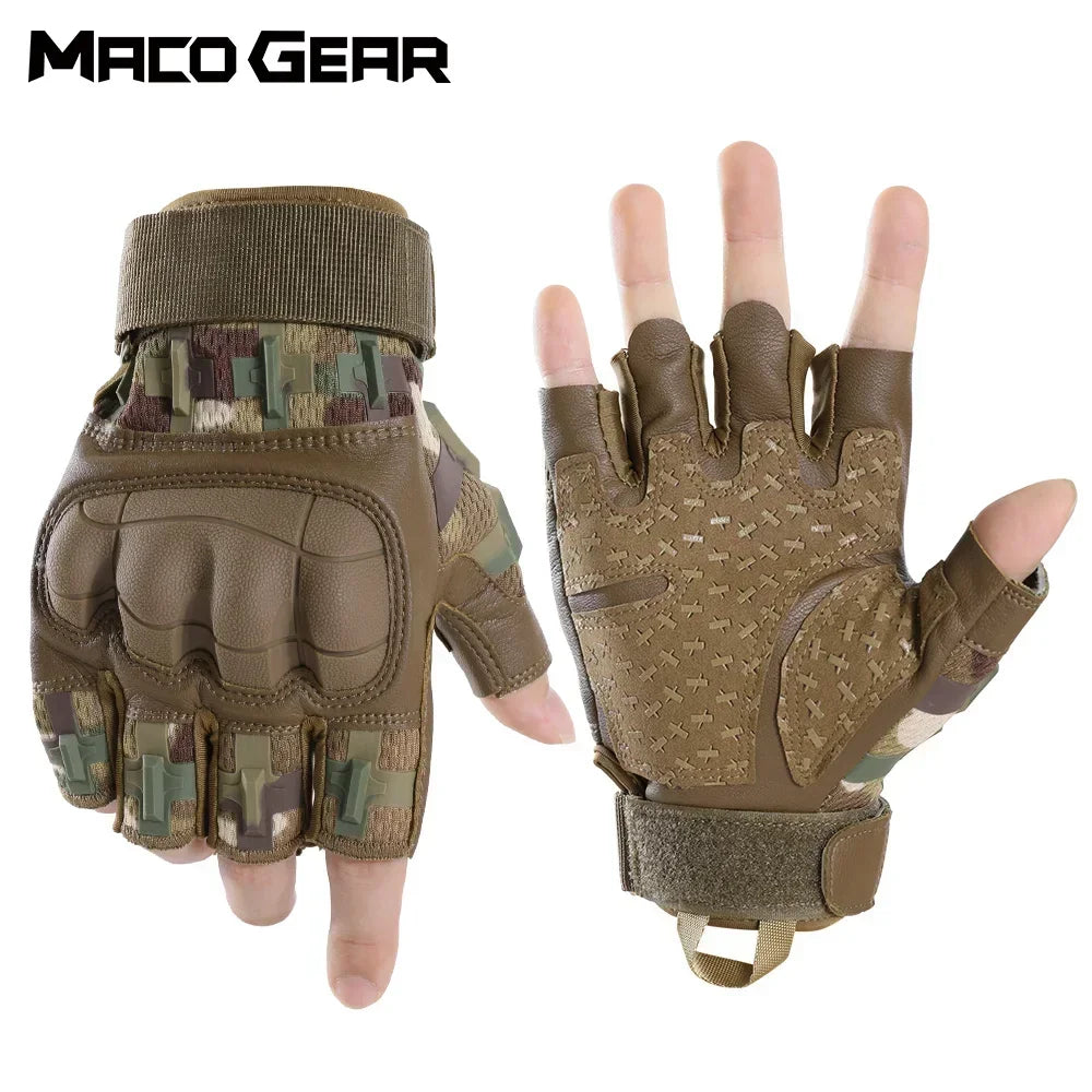 A pair of tactical PU leather touch screen gloves in olive green and camouflage pattern.
